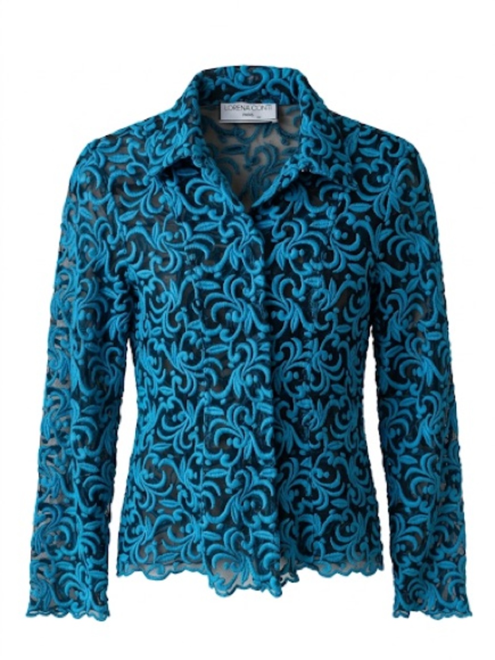 Vintage Lorena Conti Paris Blue Black Sheer Embroidered Lace Button Top Size 2